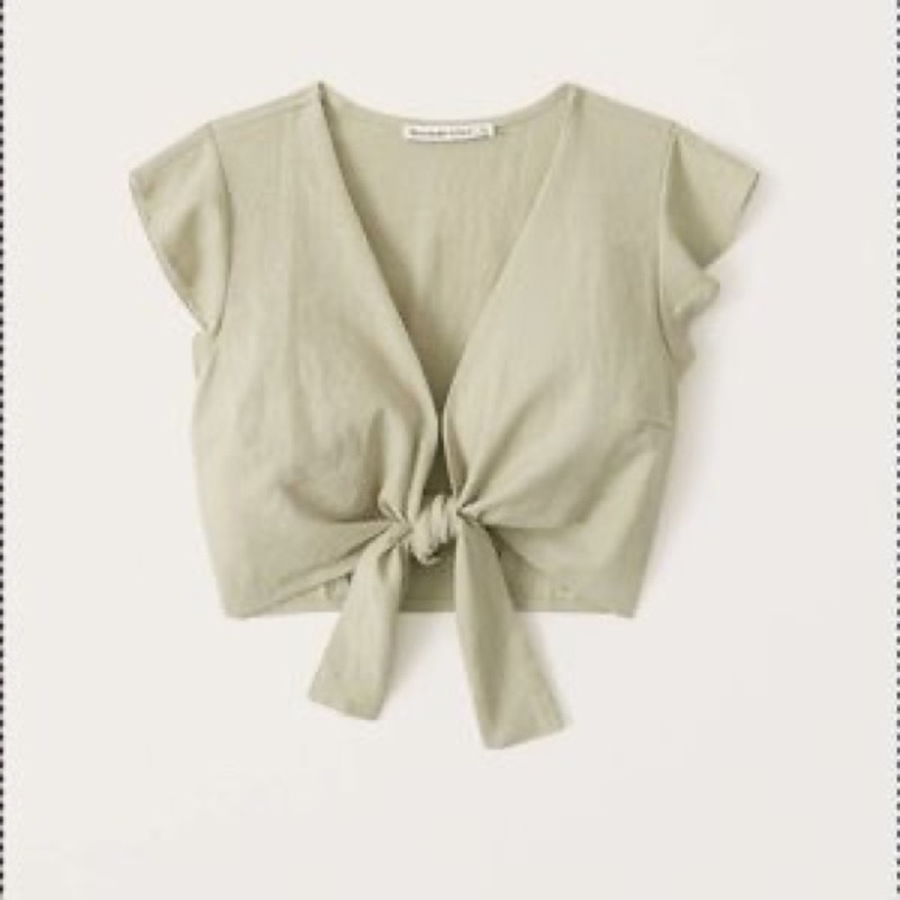 Abercrombie & Fitch Tie-Front Linen Blend Ruffle Sleeve Top, sage green, size S